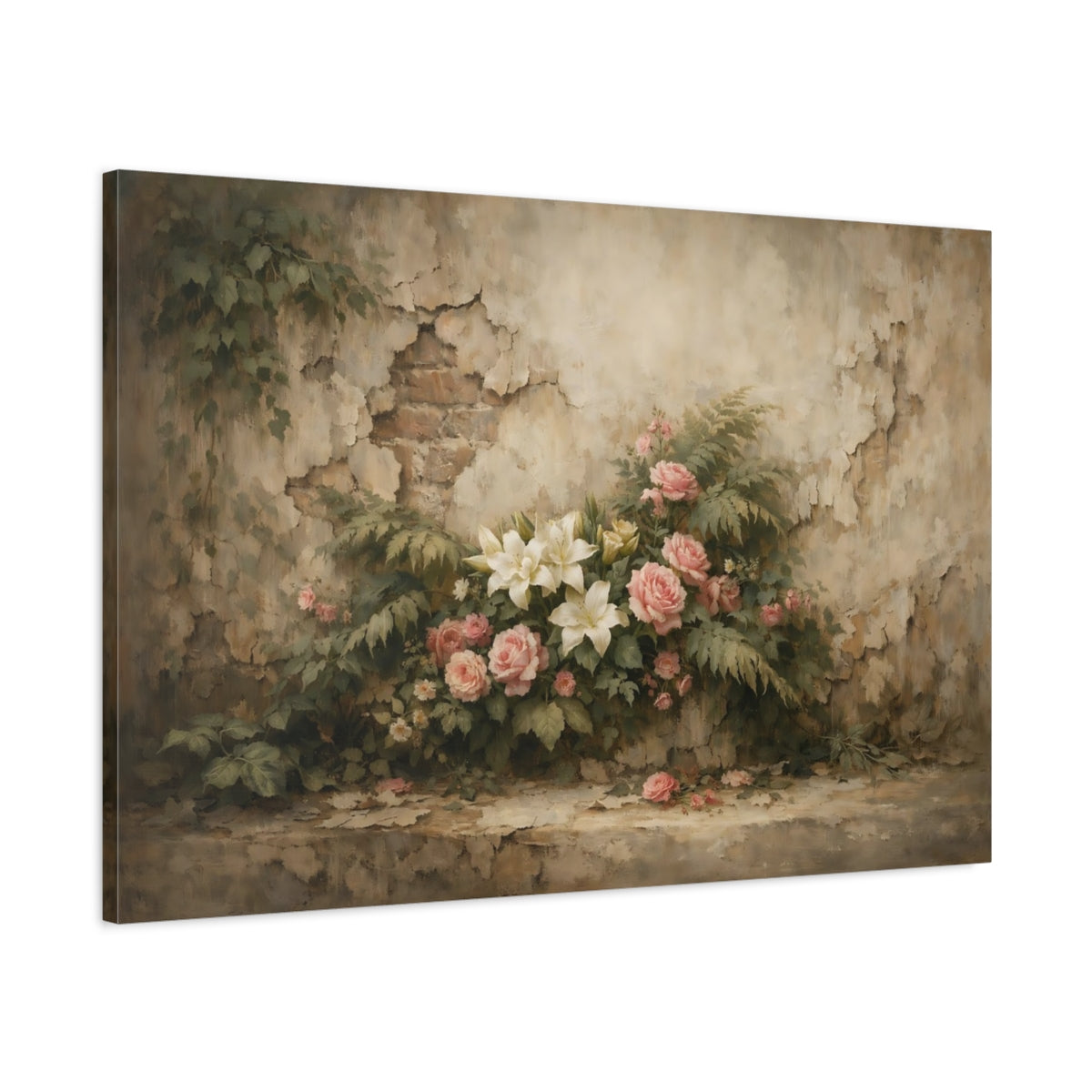 Side Mockup 1. Floral Roses Lilies Pink And Beige Floral shown as stretched canvas wall art