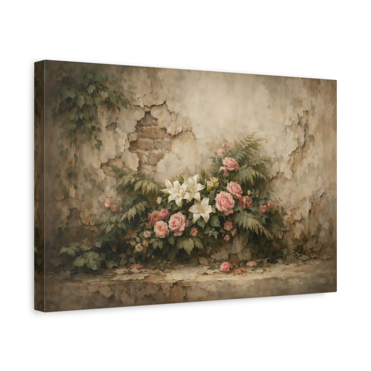 Side Mockup 4. Floral Roses Lilies Pink And Beige Floral shown as stretched canvas wall art