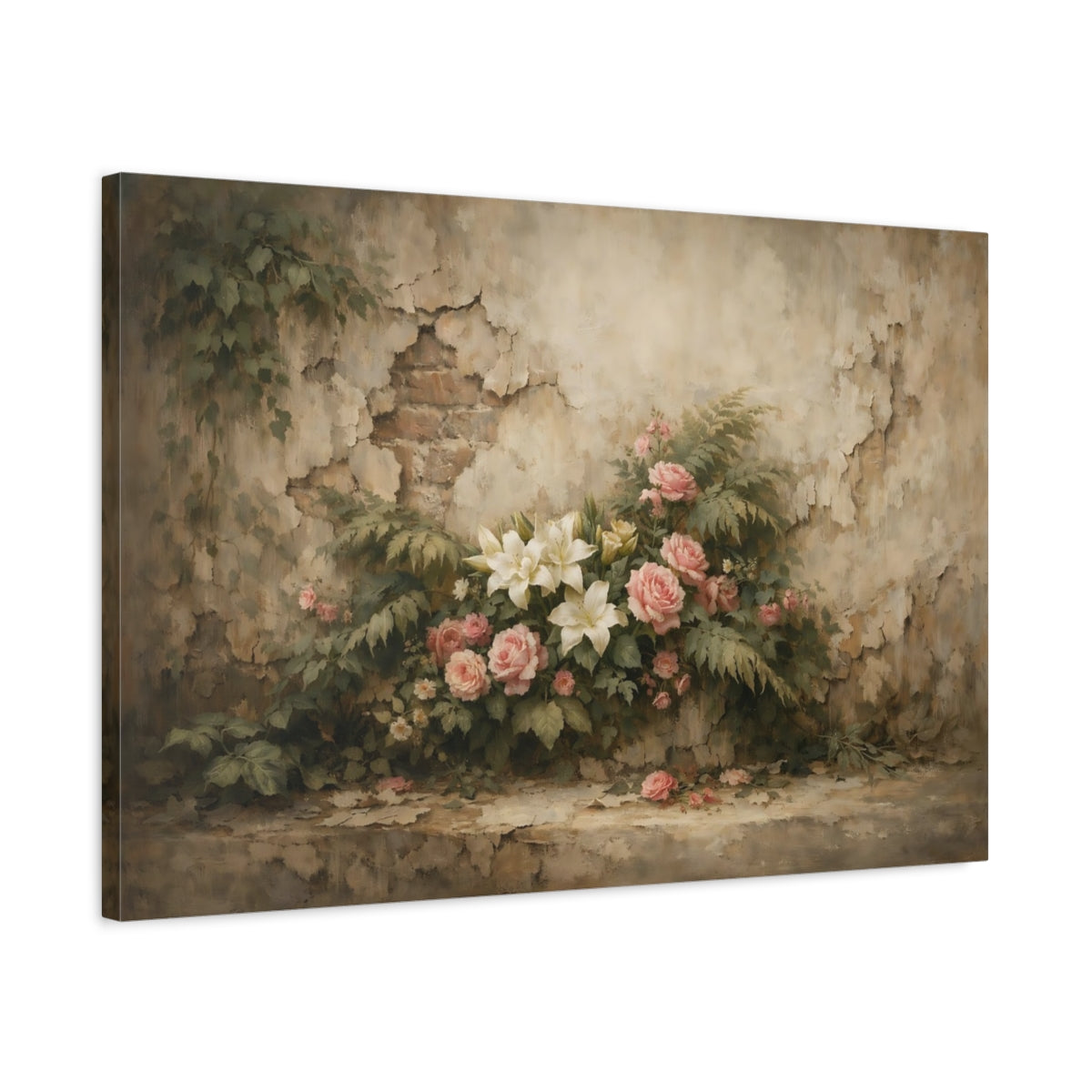 Side Mockup 2. Floral Roses Lilies Pink And Beige Floral shown as stretched canvas wall art