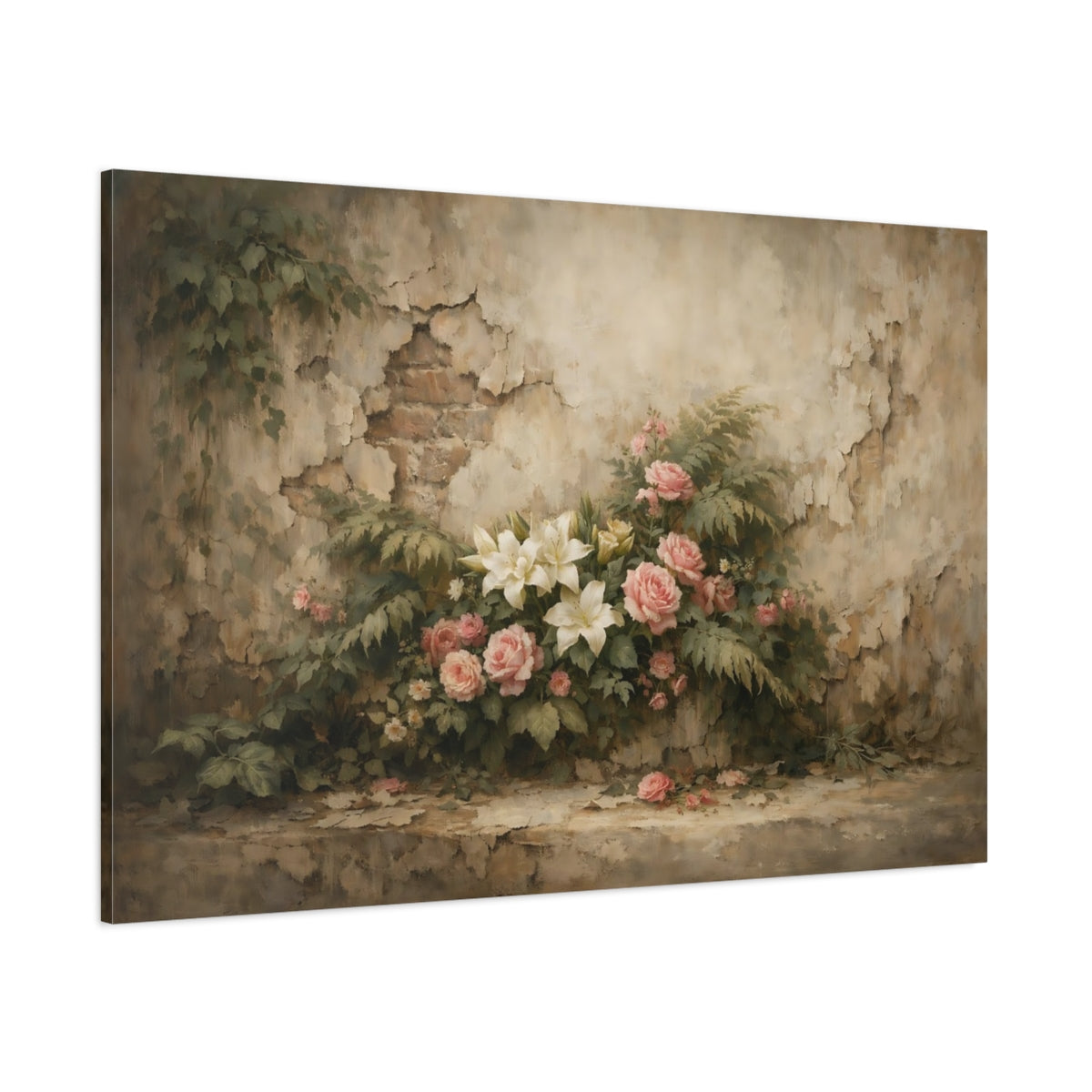 Main Mockup. Floral Roses Lilies Pink And Beige Floral shown as stretched canvas wall art