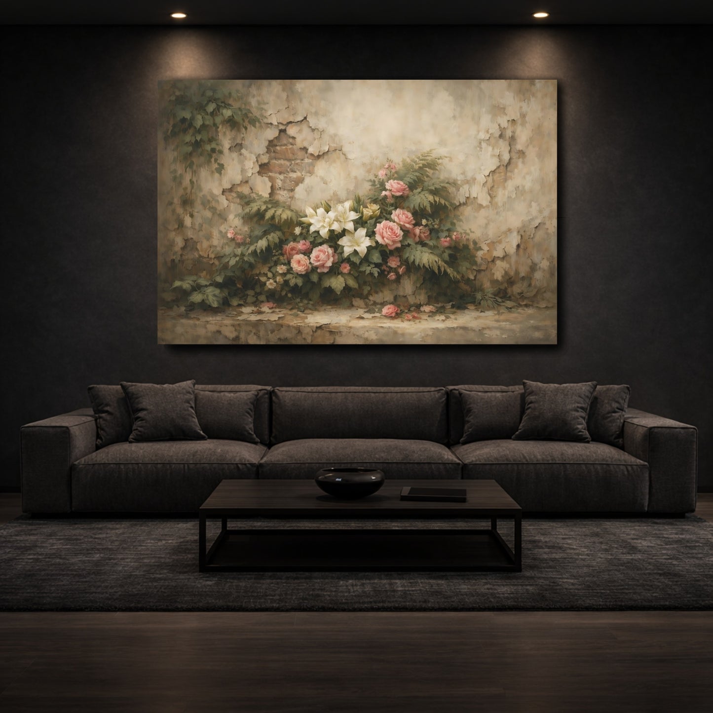 Mockup 2. Floral Roses Lilies Pink And Beige Floral shown as stretched canvas wall art