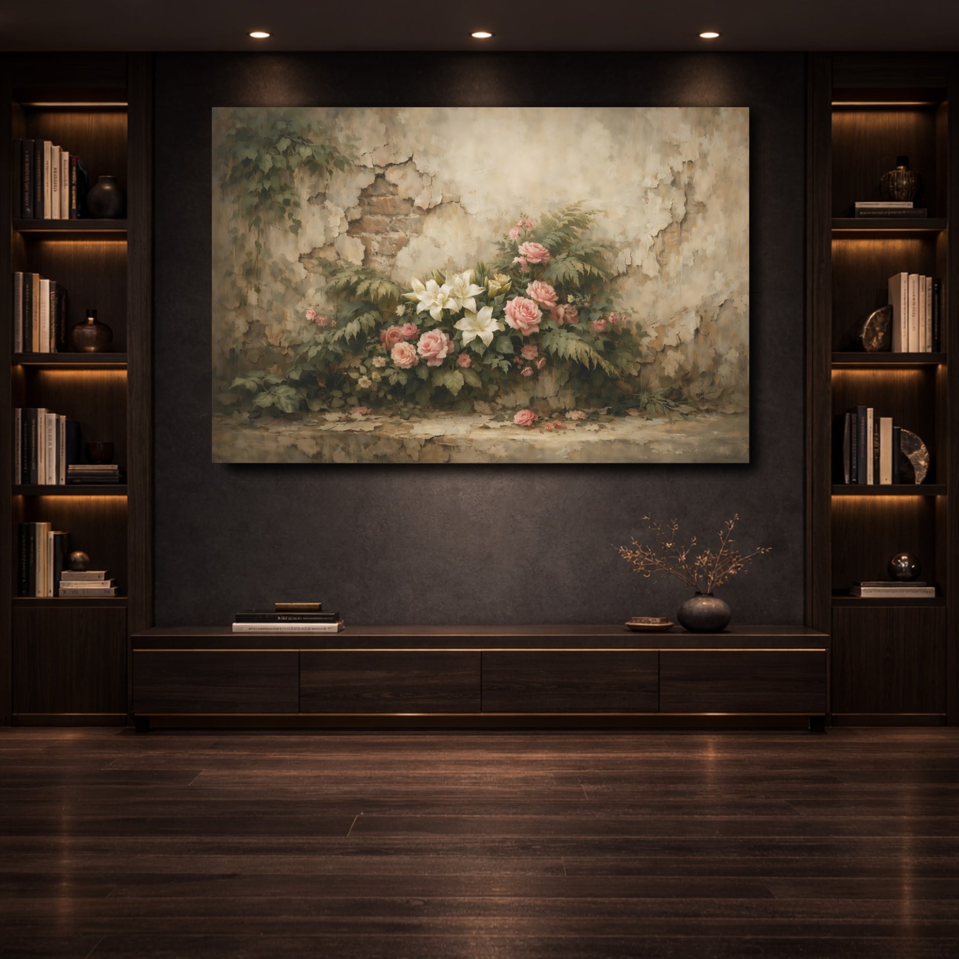 Mockup 3. Floral Roses Lilies Pink And Beige Floral shown as stretched canvas wall art