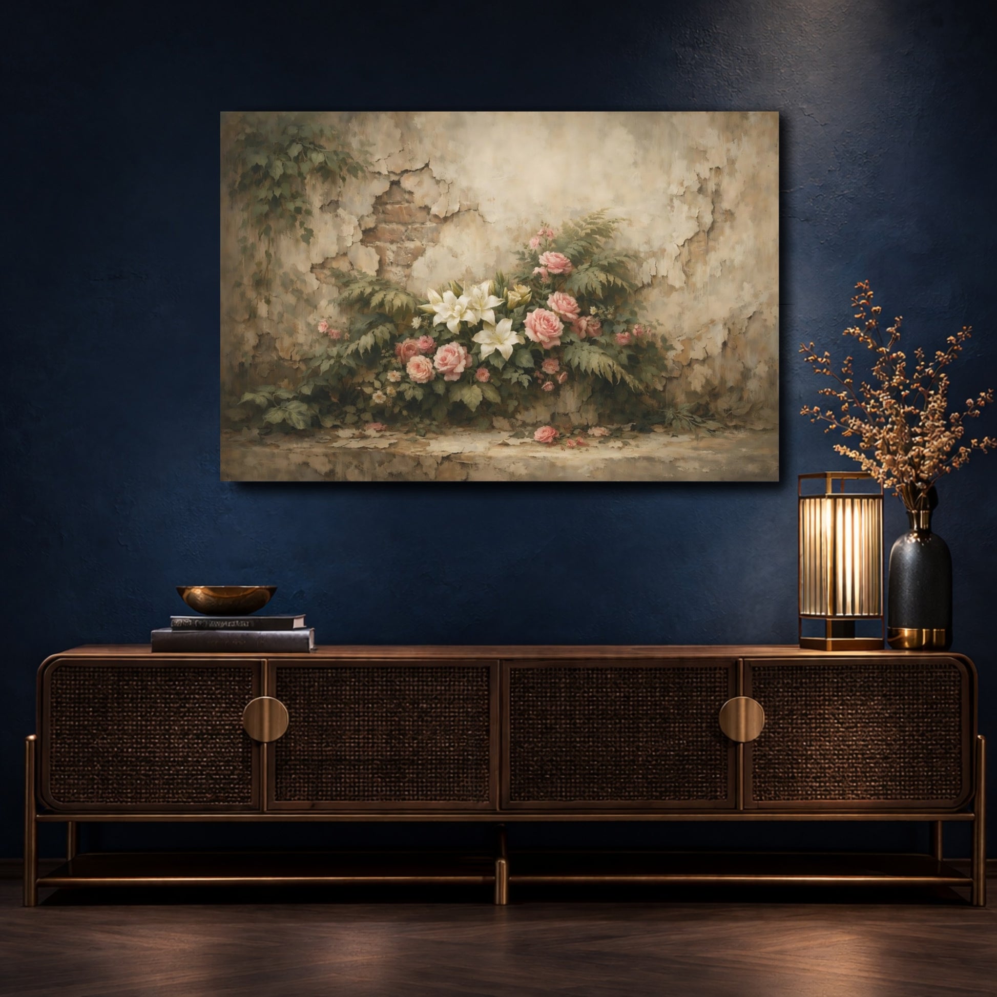 Mockup 4. Floral Roses Lilies Pink And Beige Floral shown as stretched canvas wall art