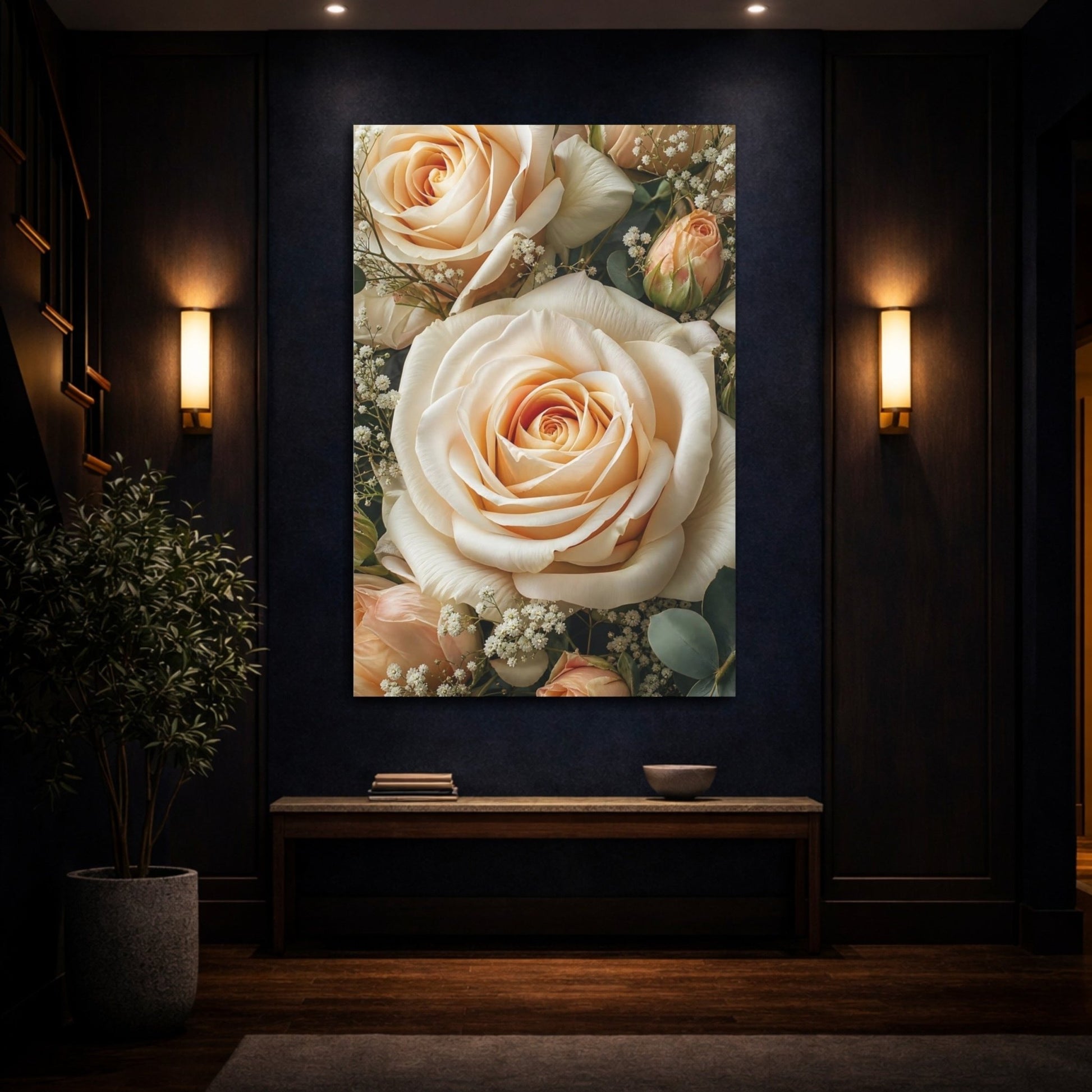 Floral Roses Peach And Cream Canvas Wall Art Print – realistic Living Room, Above Couch - YesArtYes
