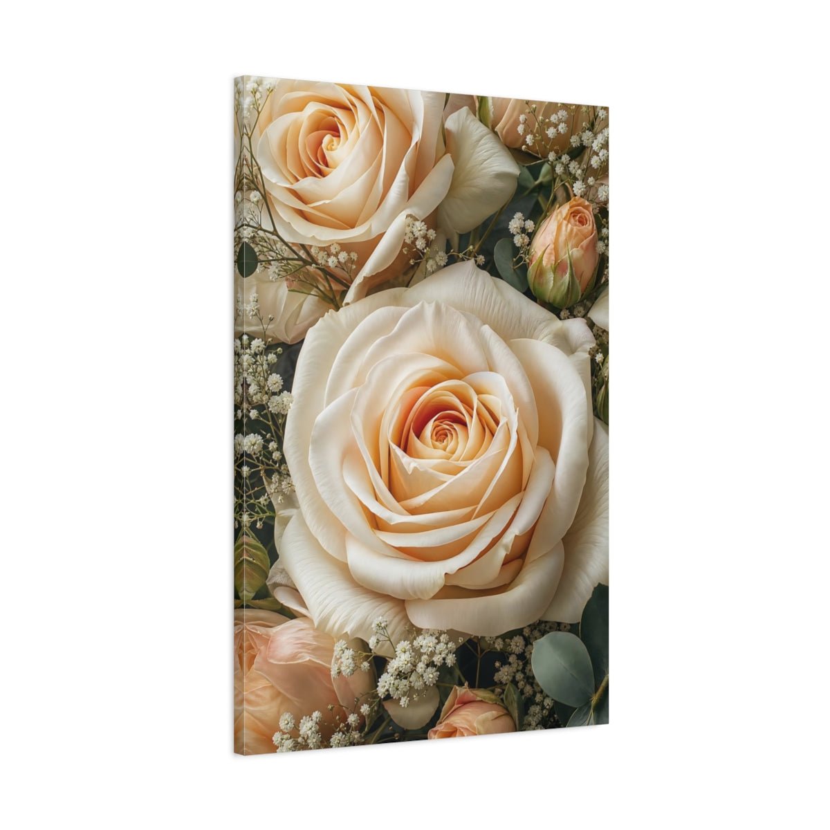 Floral Roses Peach And Cream Canvas Wall Art Print – realistic Living Room, Above Couch - YesArtYes