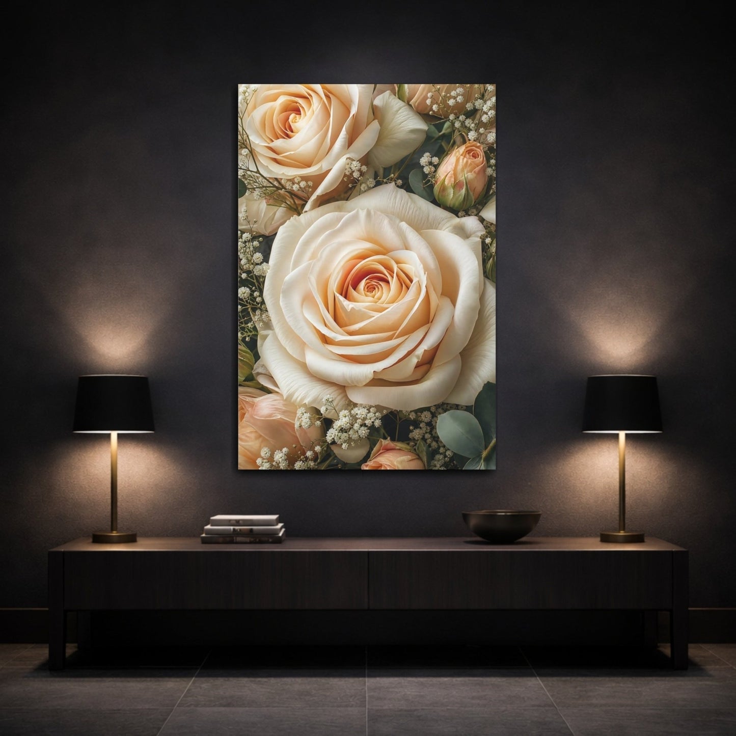 Floral Roses Peach And Cream Canvas Wall Art Print – realistic Living Room, Above Couch - YesArtYes