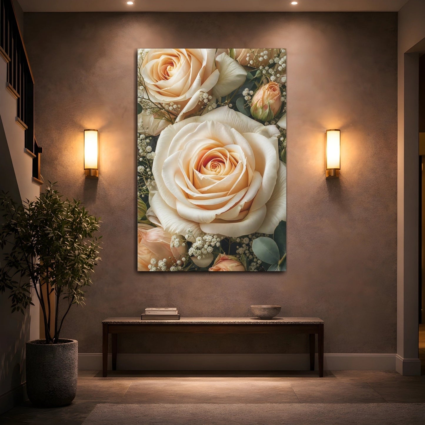 Floral Roses Peach And Cream Canvas Wall Art Print – realistic Living Room, Above Couch - YesArtYes