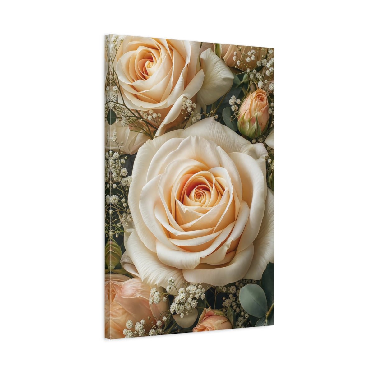 Floral Roses Peach And Cream Canvas Wall Art Print – realistic Living Room, Above Couch - YesArtYes