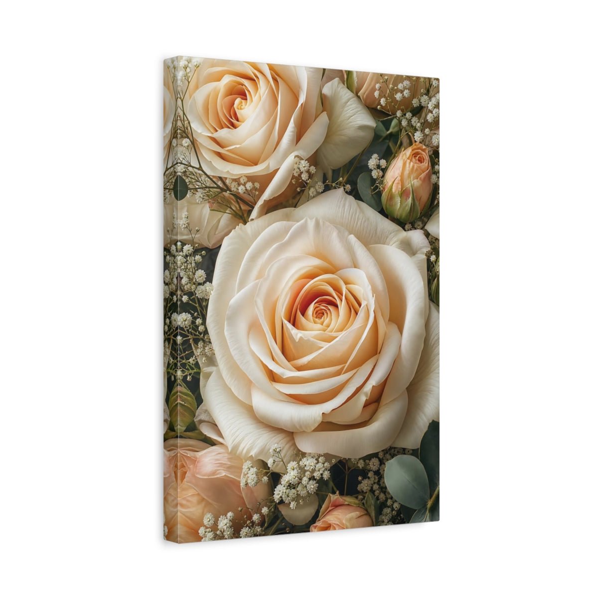 Floral Roses Peach And Cream Canvas Wall Art Print – realistic Living Room, Above Couch - YesArtYes