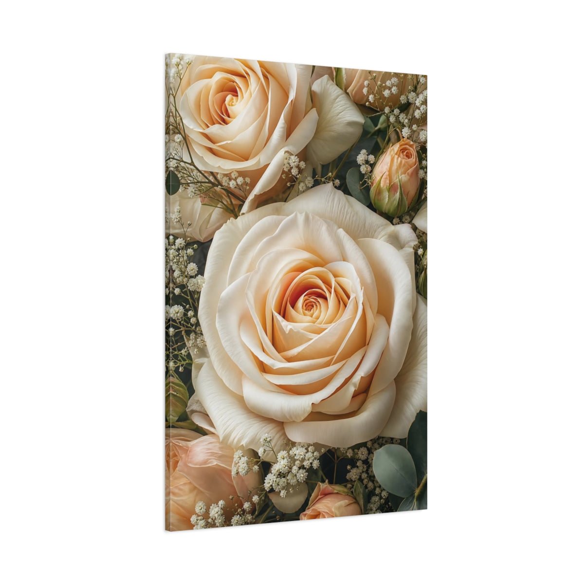Floral Roses Peach And Cream Canvas Wall Art Print – realistic Living Room, Above Couch - YesArtYes