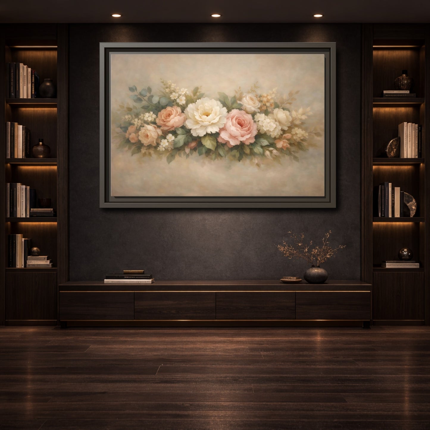 Mockup 3. Floral Roses Peonies Pastel Floral shown as stretched canvas wall art