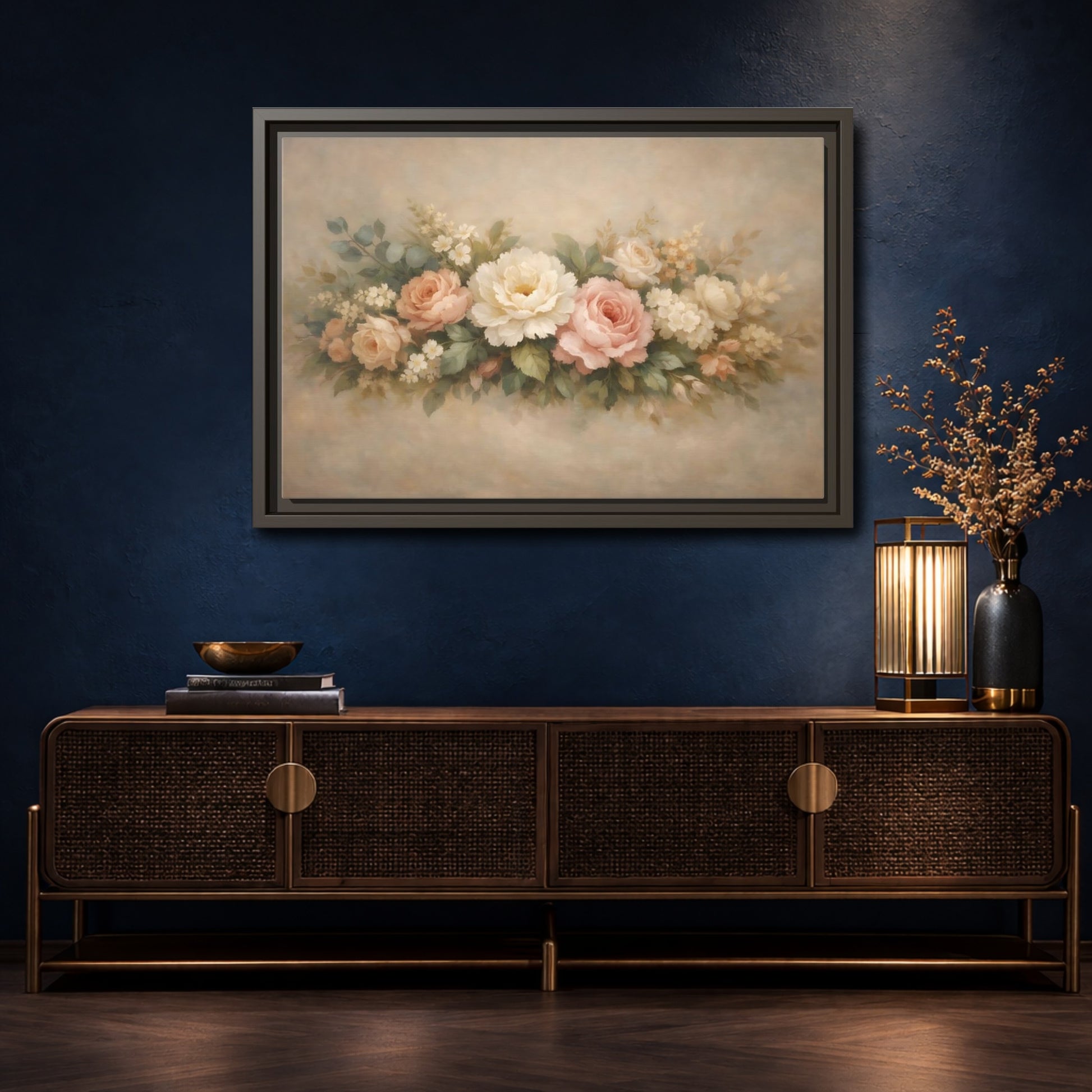 Mockup 4. Floral Roses Peonies Pastel Floral shown as stretched canvas wall art