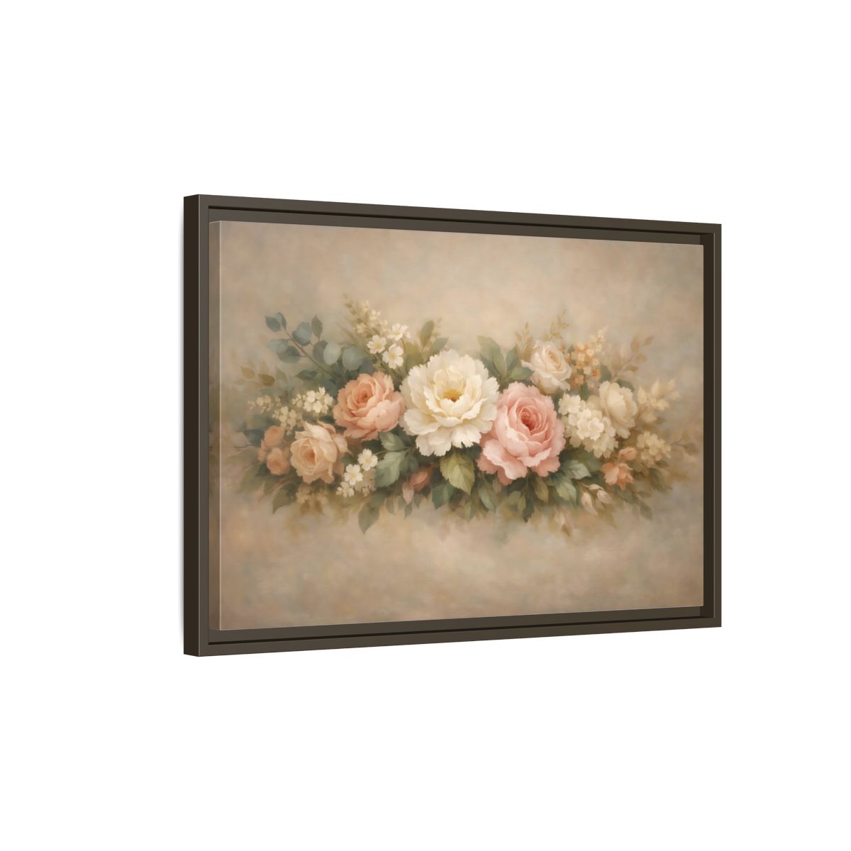 Side Mockup 2. Floral Roses Peonies Pastel Floral shown as stretched canvas wall art