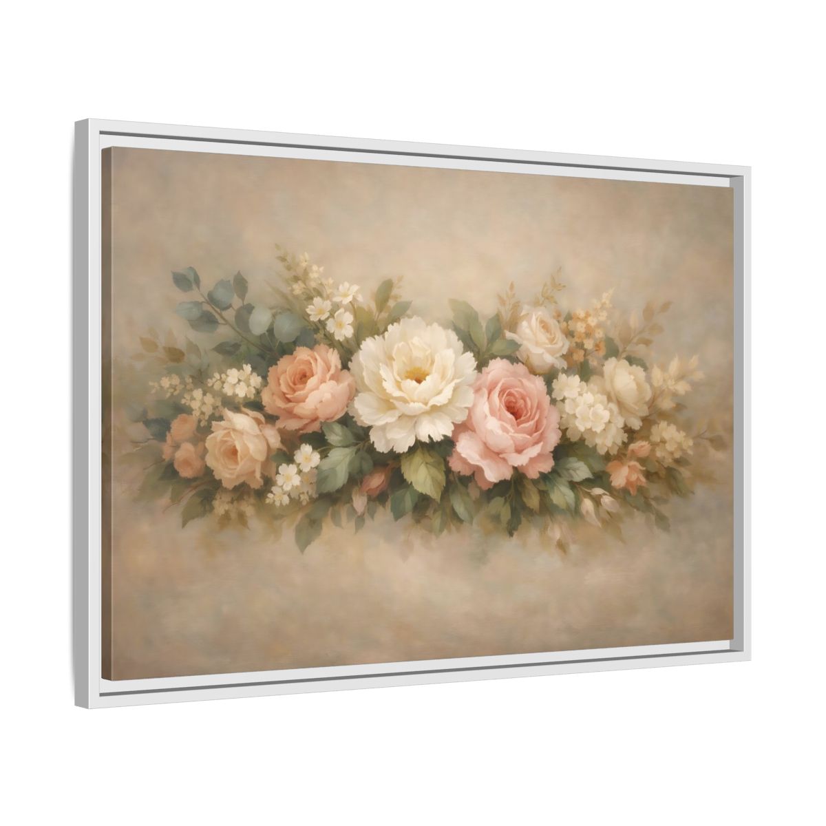 Side Mockup 10. Floral Roses Peonies Pastel Floral shown as stretched canvas wall art