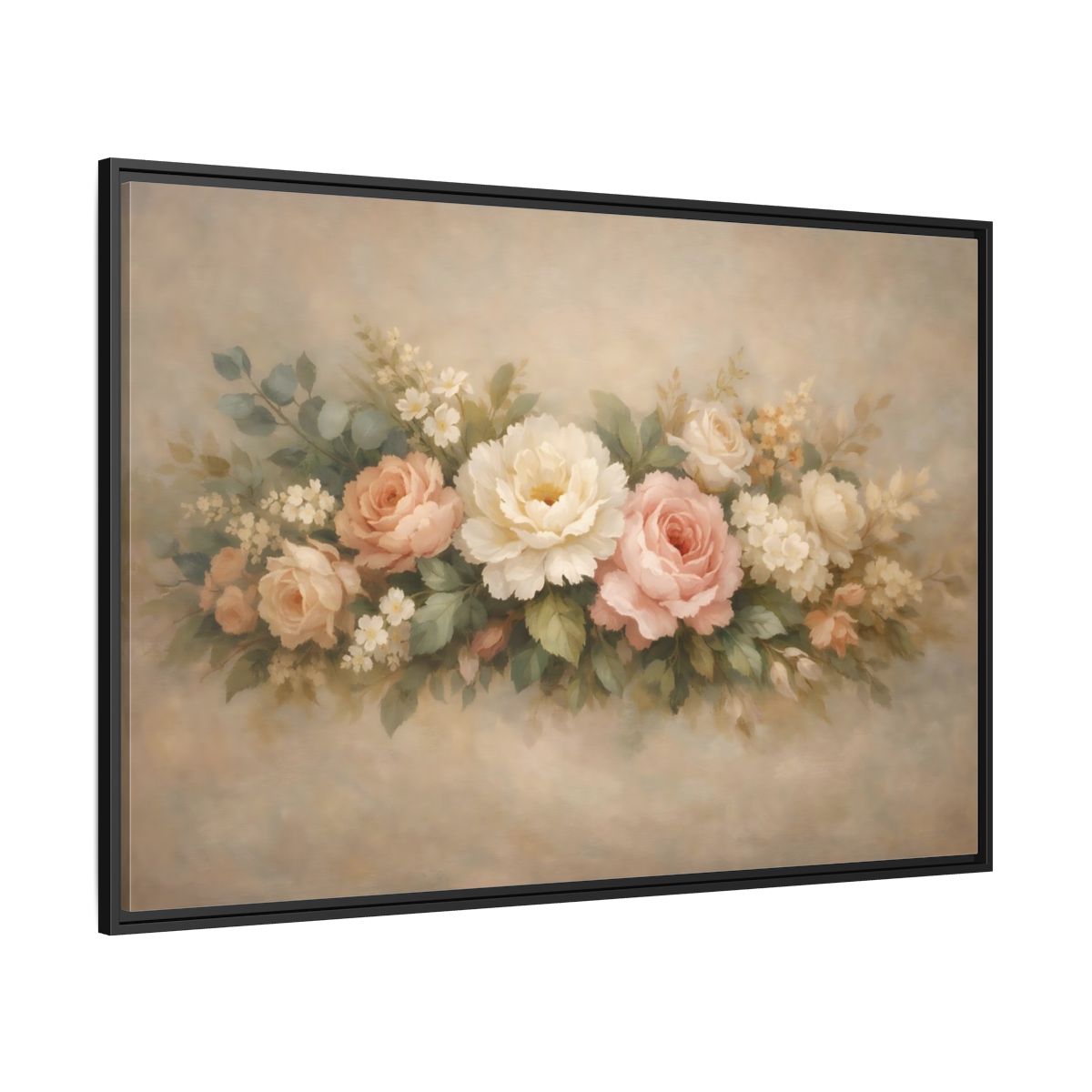 Side Mockup 12. Floral Roses Peonies Pastel Floral shown as stretched canvas wall art