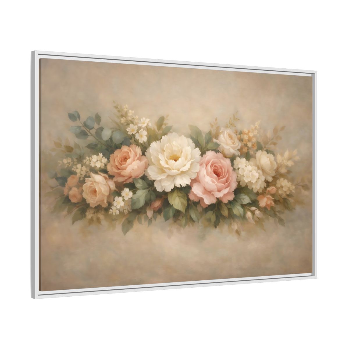 Side Mockup 7. Floral Roses Peonies Pastel Floral shown as stretched canvas wall art