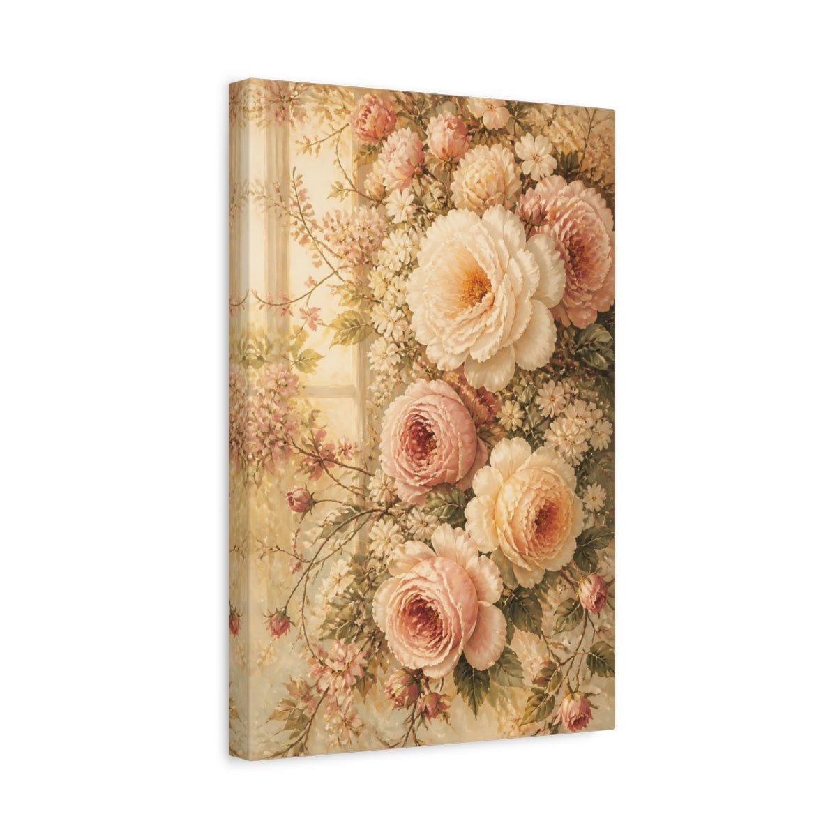Floral Roses Peonies Pink And Cream Canvas Print Wall Art – Vintage Living Room, Above Console Table - YesArtYes