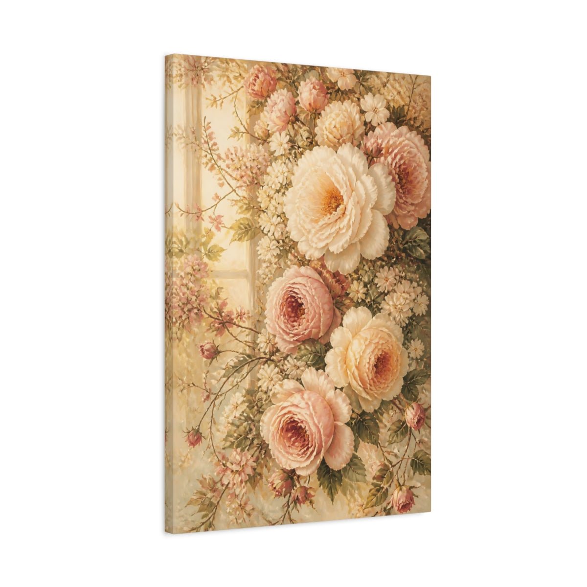 Floral Roses Peonies Pink And Cream Canvas Print Wall Art – Vintage Living Room, Above Console Table - YesArtYes