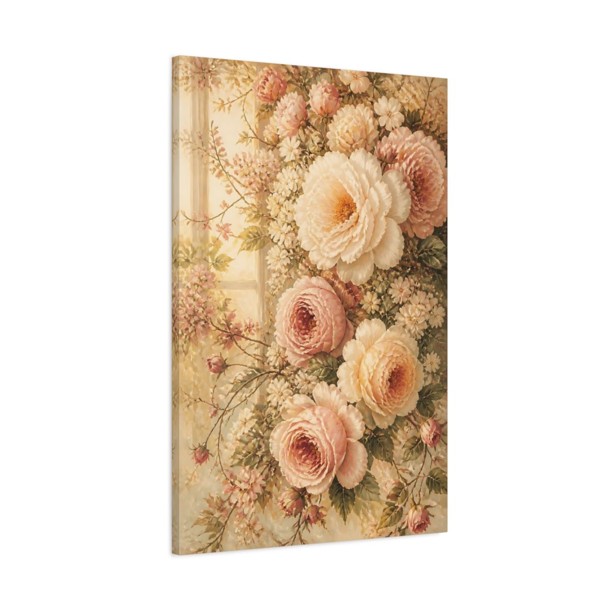 Floral Roses Peonies Pink And Cream Canvas Print Wall Art – Vintage Living Room, Above Console Table - YesArtYes