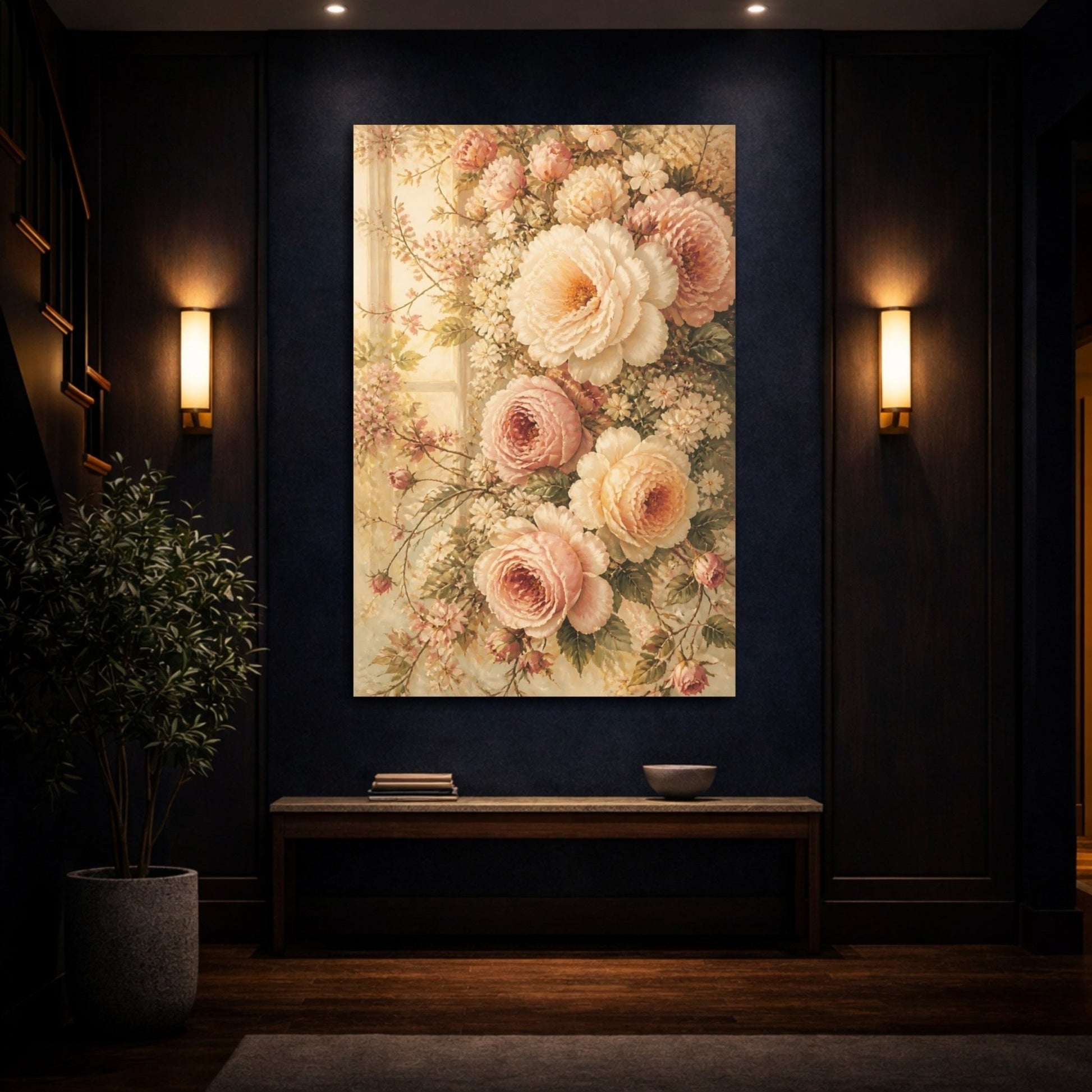 Floral Roses Peonies Pink And Cream Canvas Print Wall Art – Vintage Living Room, Above Console Table - YesArtYes