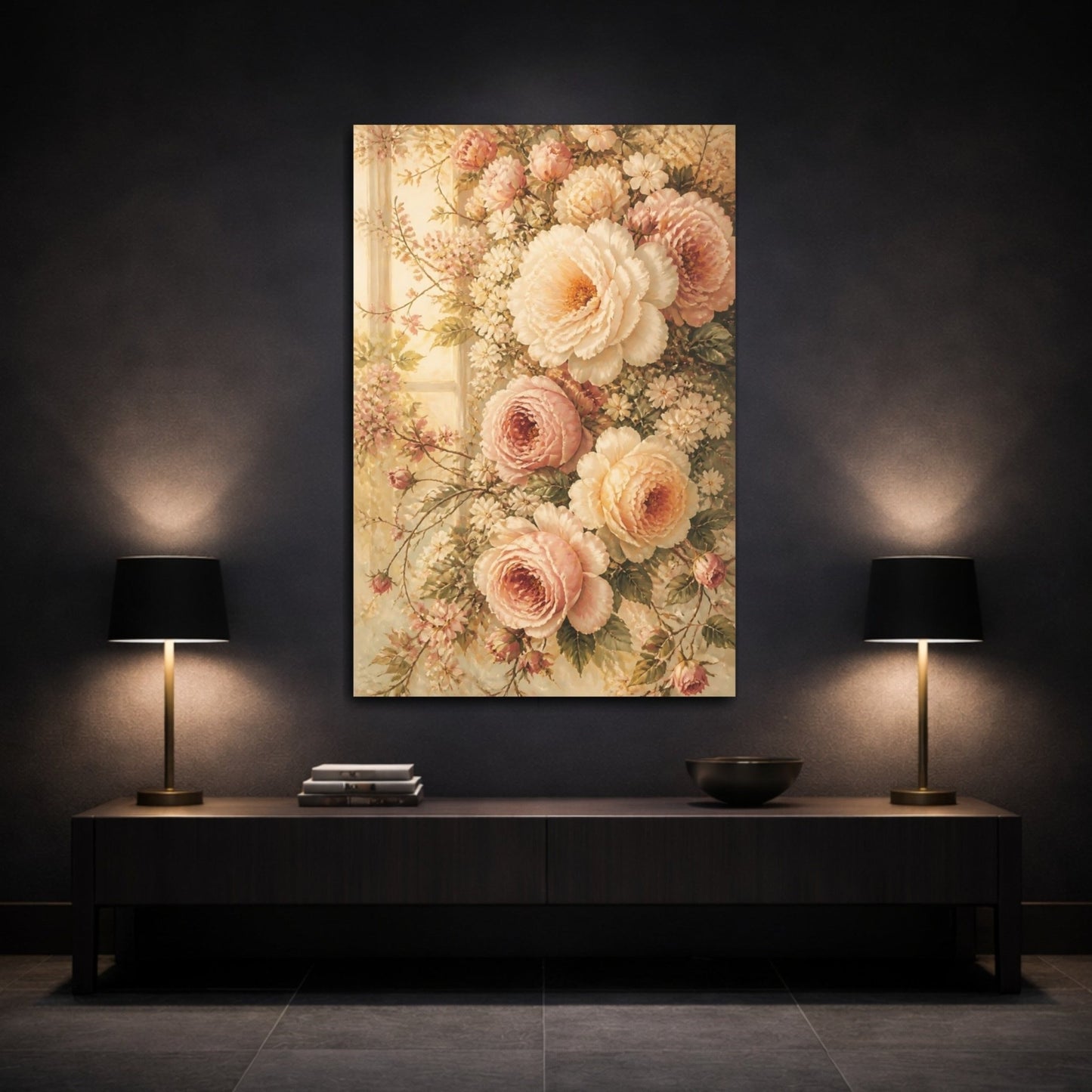 Floral Roses Peonies Pink And Cream Canvas Print Wall Art – Vintage Living Room, Above Console Table - YesArtYes
