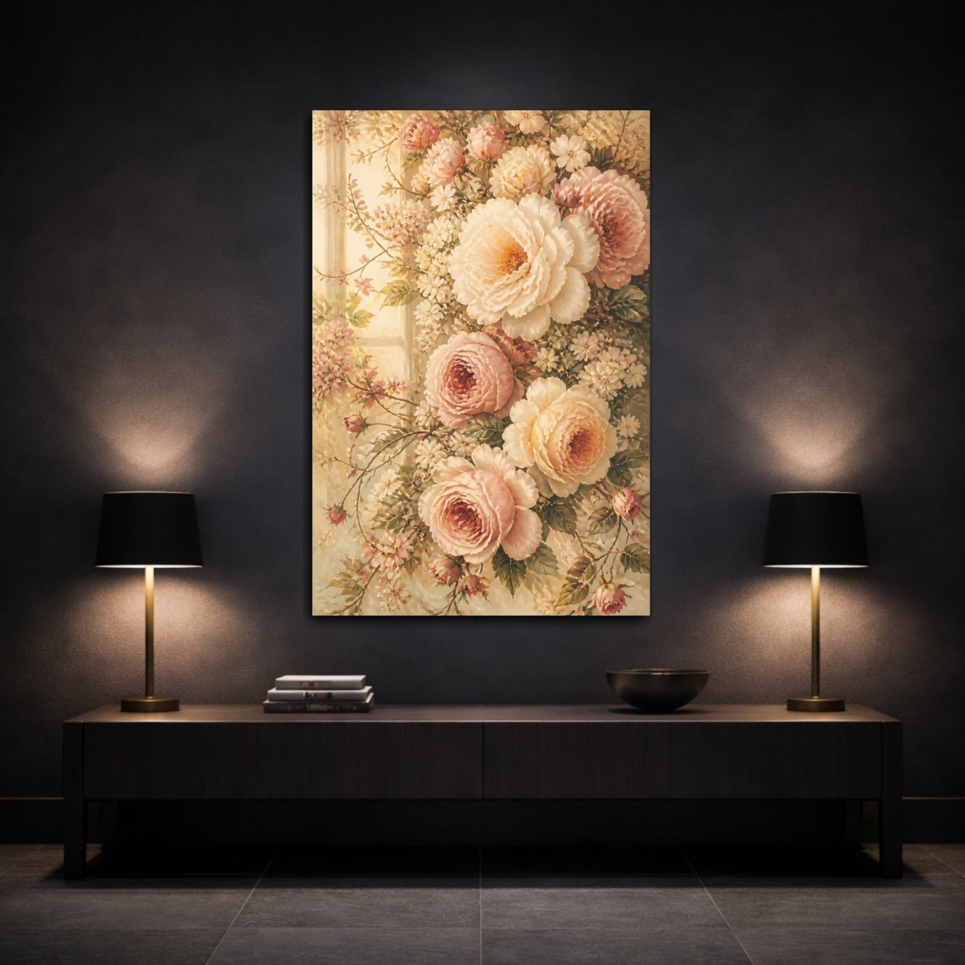 Floral Roses Peonies Pink And Cream Canvas Print Wall Art – Vintage Living Room, Above Console Table - YesArtYes
