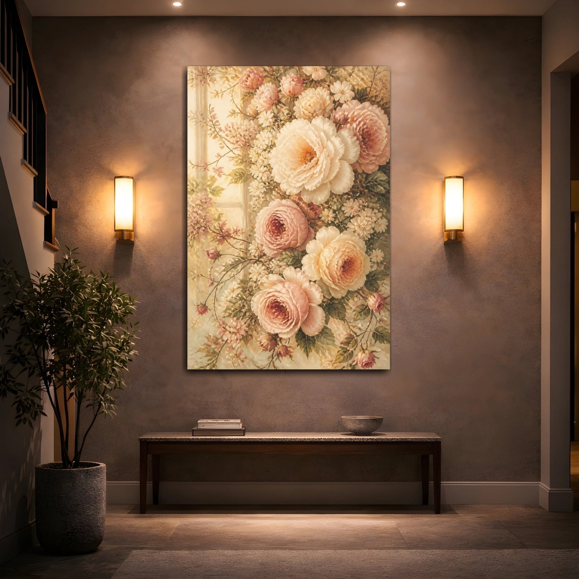 Floral Roses Peonies Pink And Cream Canvas Print Wall Art – Vintage Living Room, Above Console Table - YesArtYes