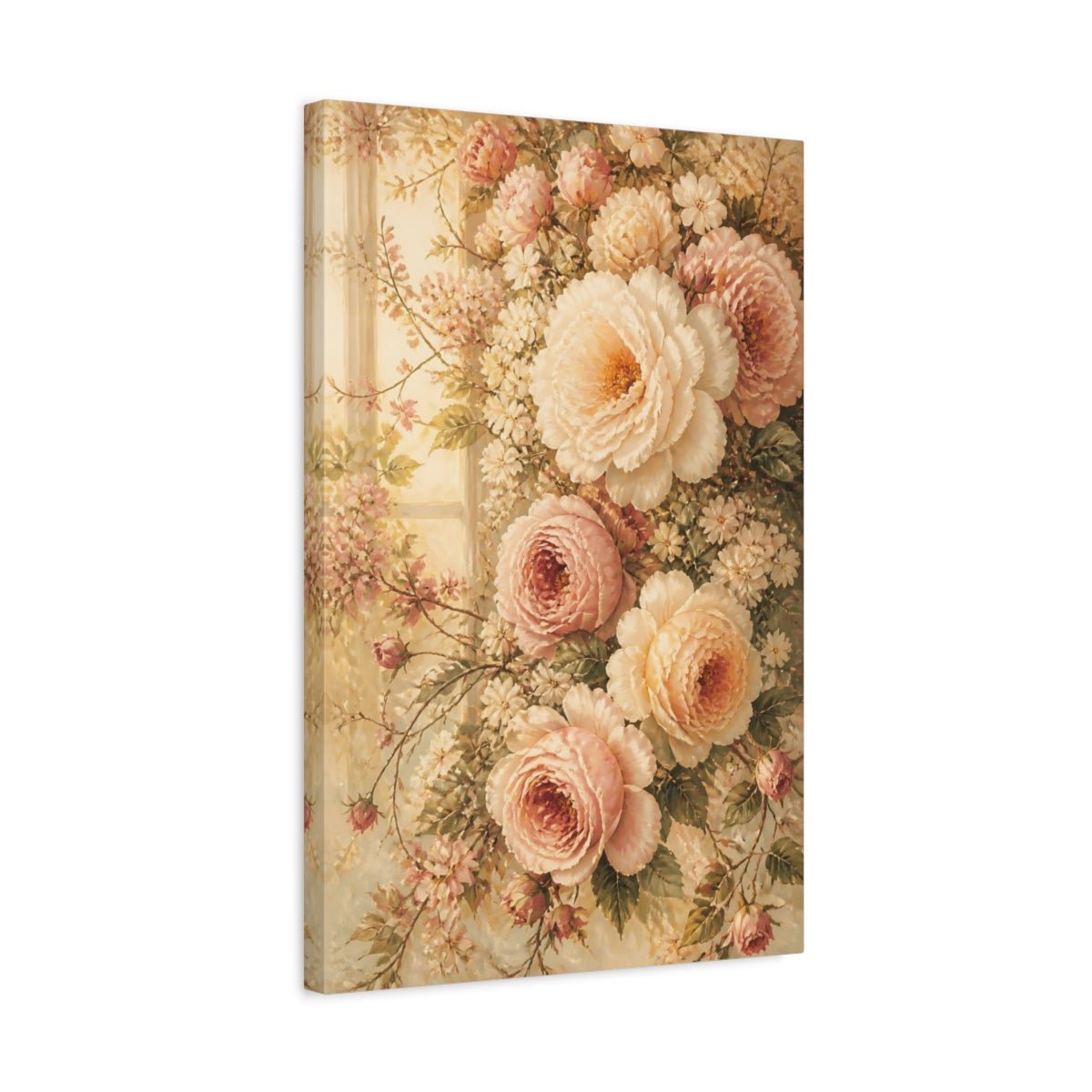 Floral Roses Peonies Pink And Cream Canvas Print Wall Art – Vintage Living Room, Above Console Table - YesArtYes