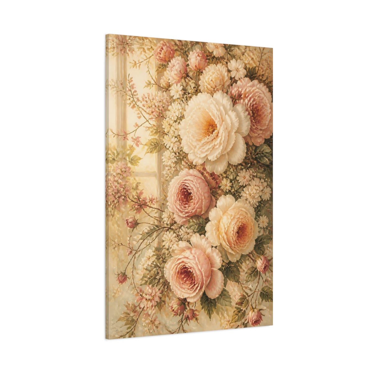 Floral Roses Peonies Pink And Cream Canvas Print Wall Art – Vintage Living Room, Above Console Table - YesArtYes