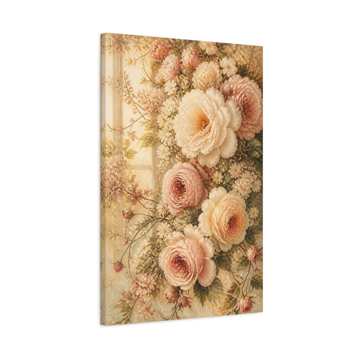 Side Mockup 2. Floral Roses, Peonies Pink And Cream Flowers shown as canvas print