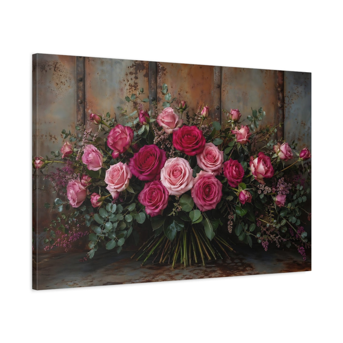 Main Mockup. Floral Roses Pink And Brown shown as stretched canvas wall art