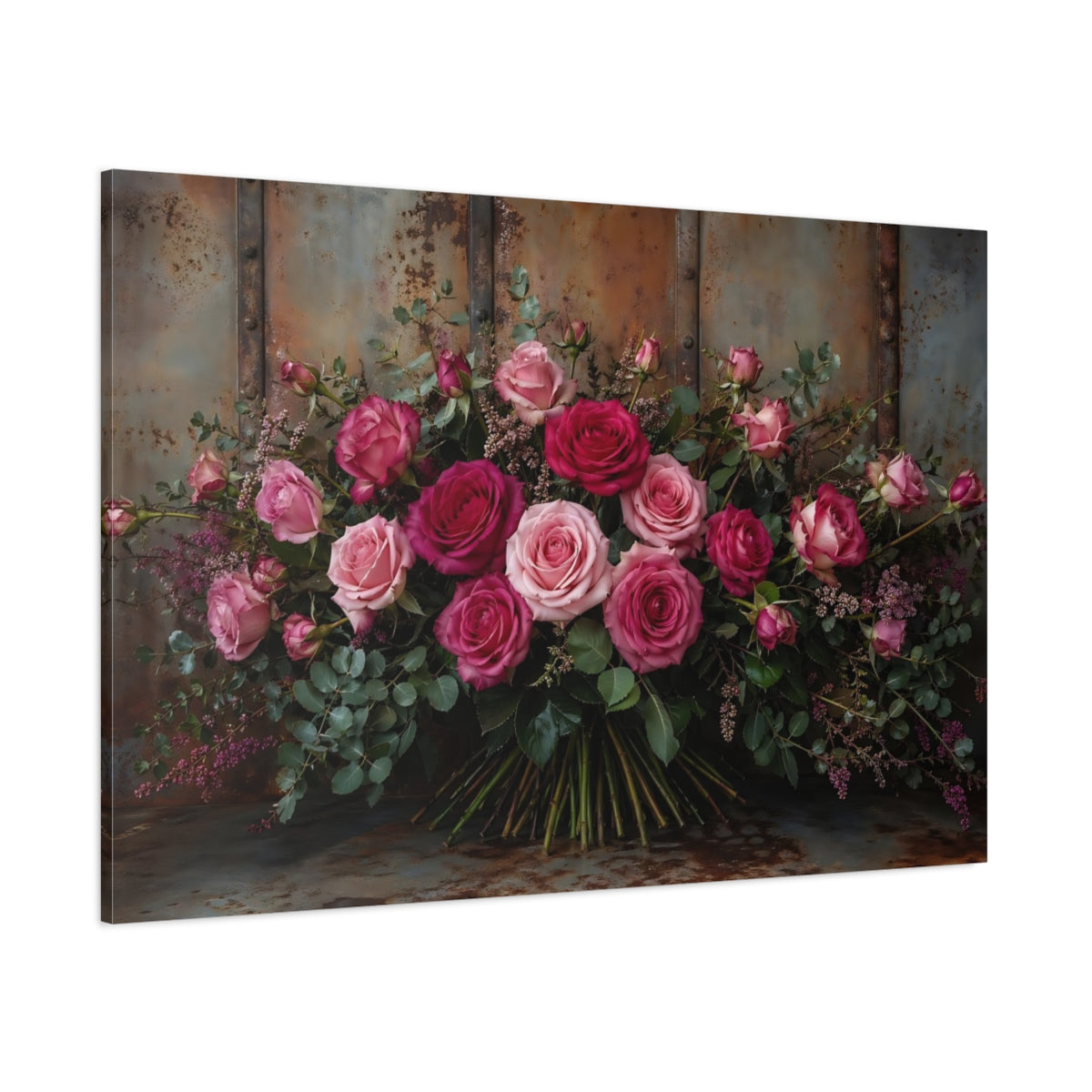 Side Mockup 1. Floral Roses Pink And Brown shown as stretched canvas wall art