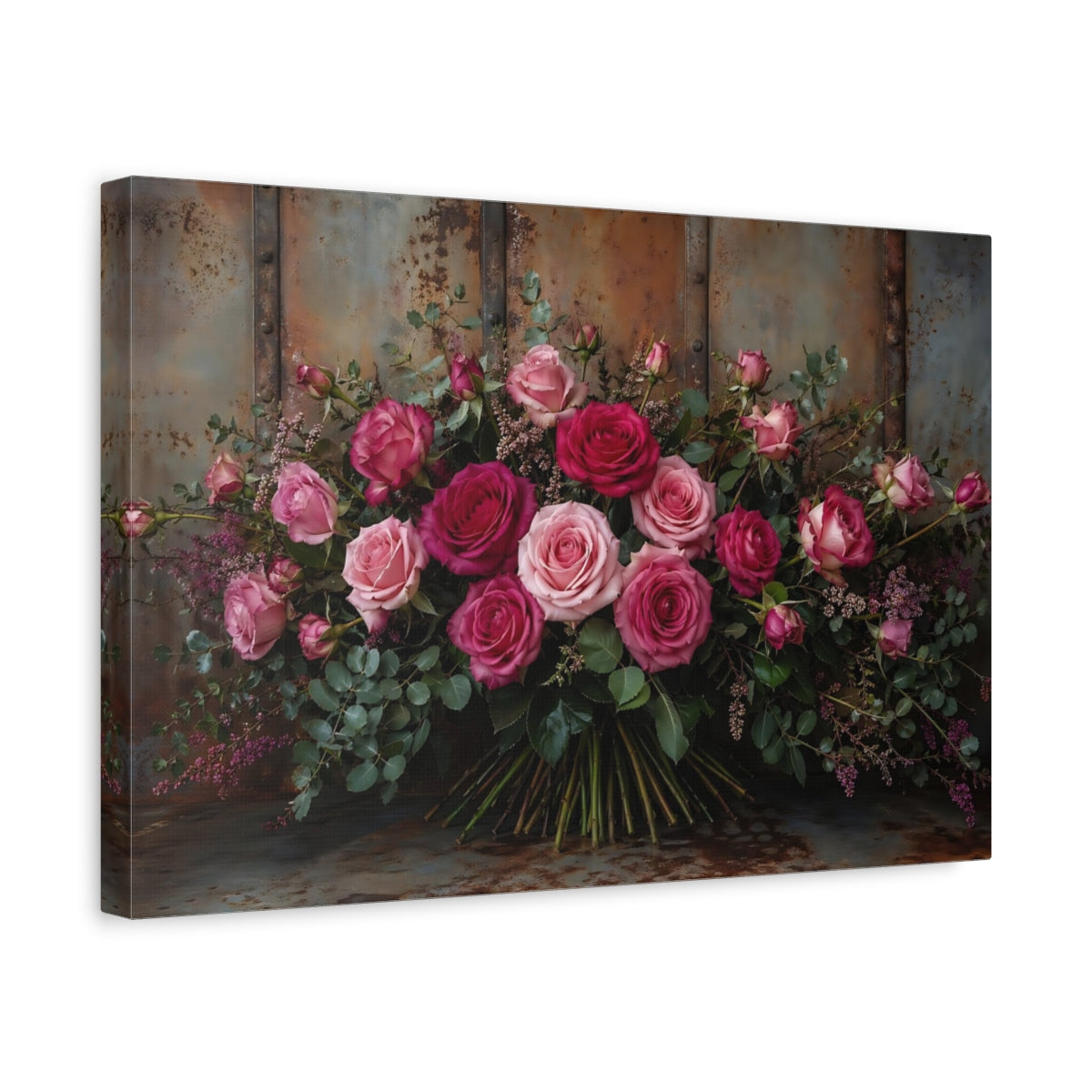 Side Mockup 4. Floral Roses Pink And Brown shown as stretched canvas wall art