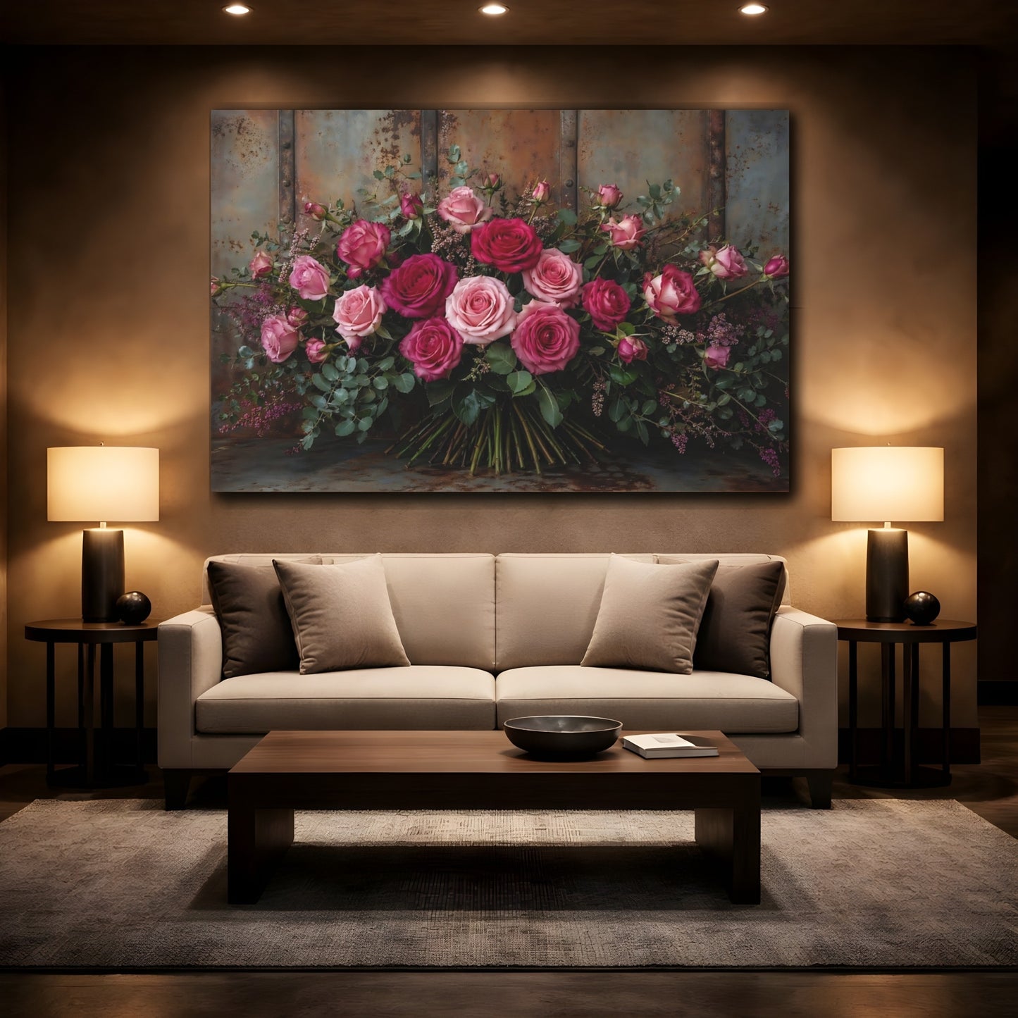 Mockup 2. Floral Roses Pink And Brown shown as stretched canvas wall art