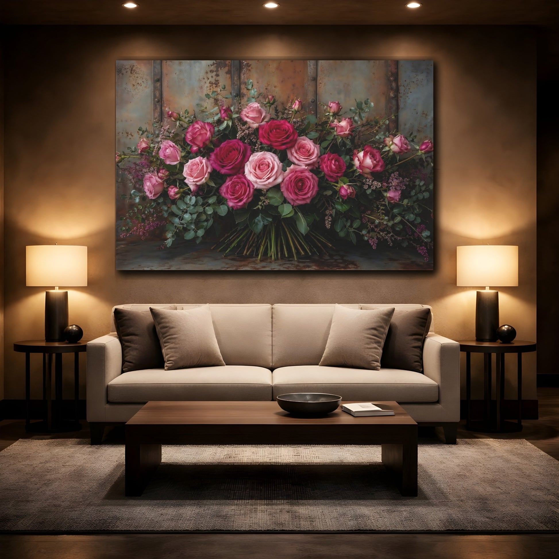 Mockup 2. Floral Roses Pink And Brown shown as stretched canvas wall art
