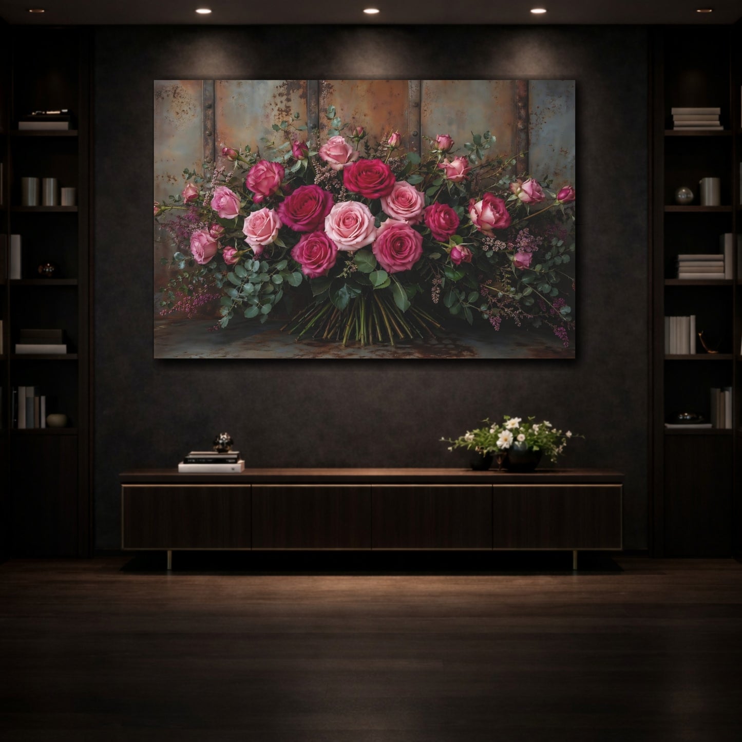 Mockup 3. Floral Roses Pink And Brown shown as stretched canvas wall art