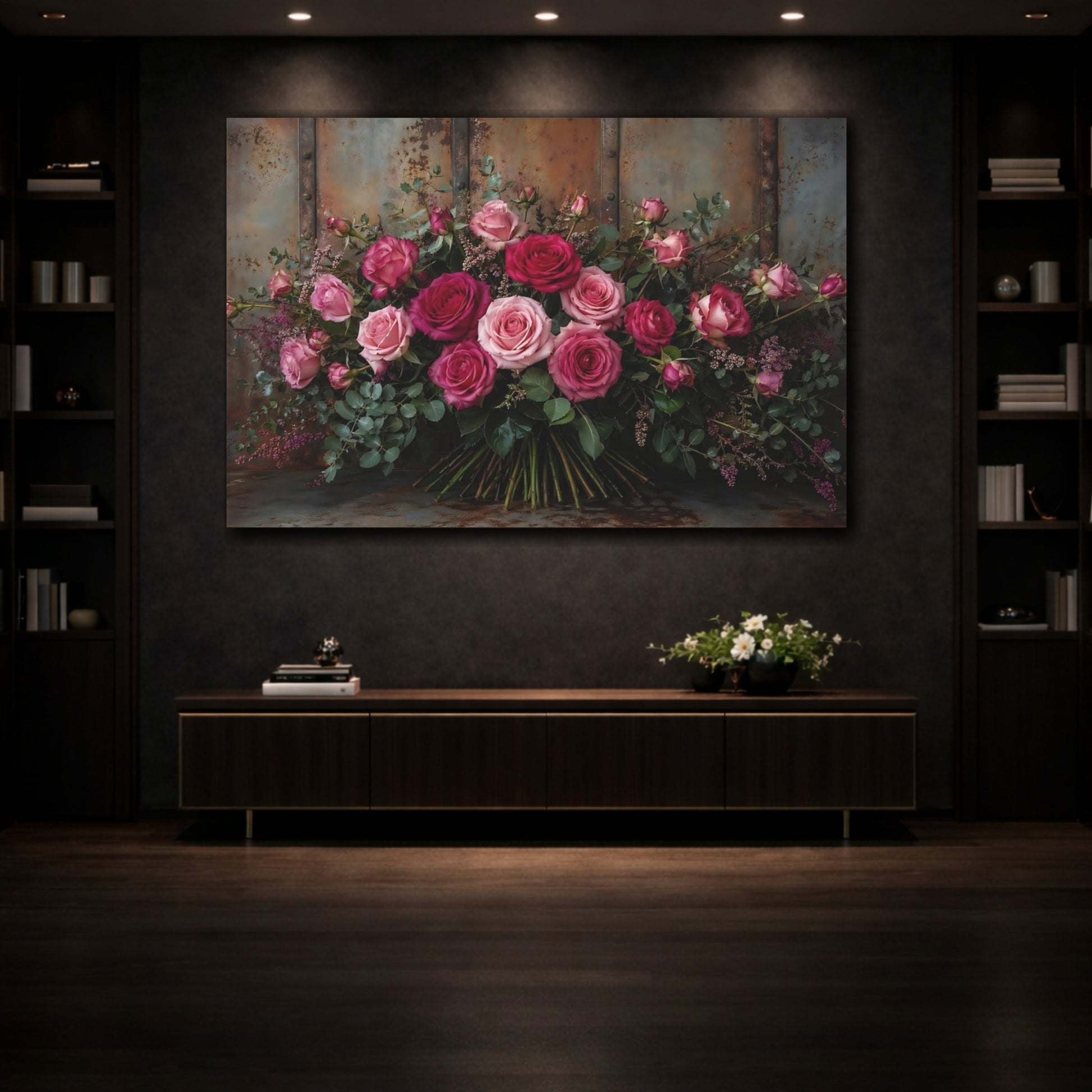 Mockup 3. Floral Roses Pink And Brown shown as stretched canvas wall art