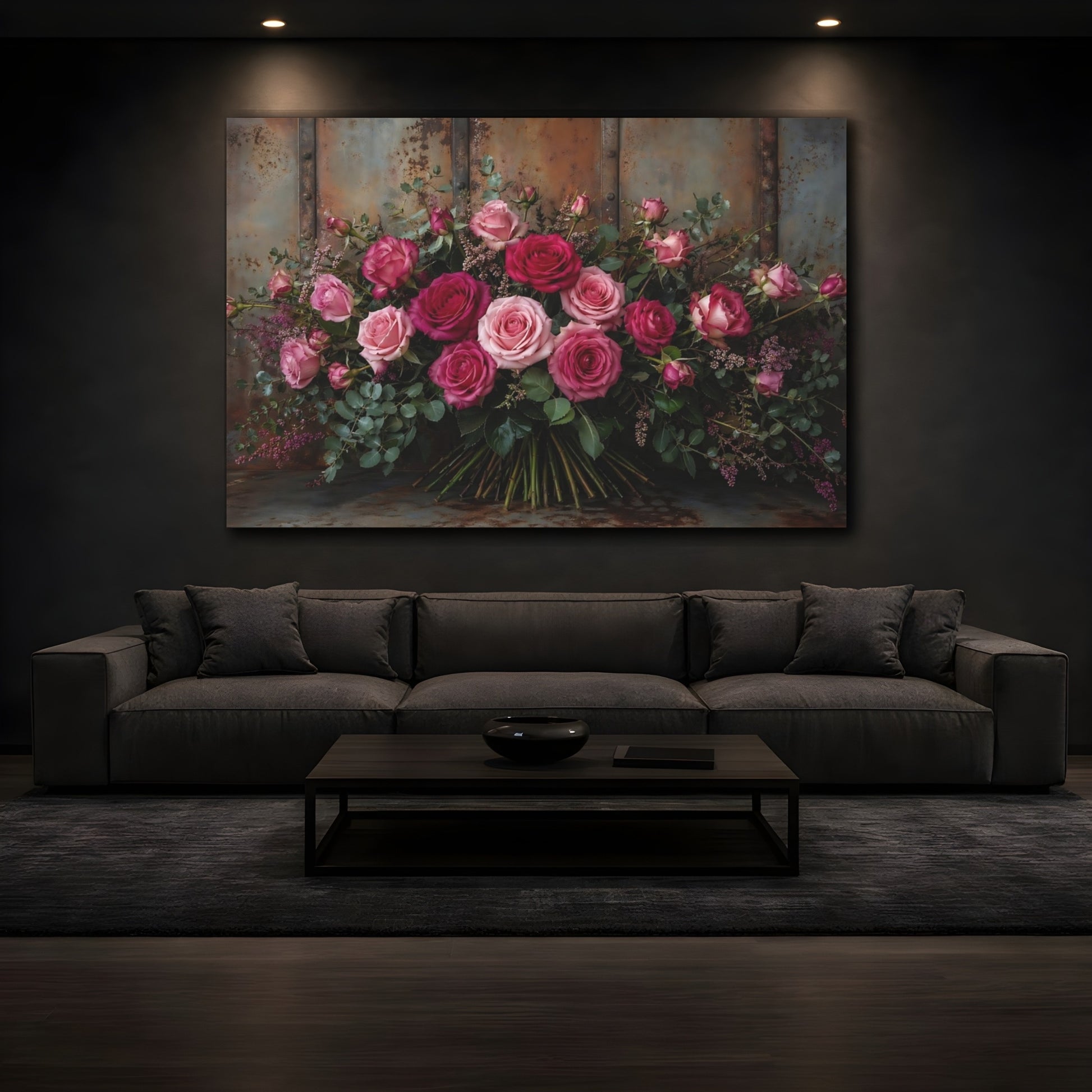 Mockup 4. Floral Roses Pink And Brown shown as stretched canvas wall art