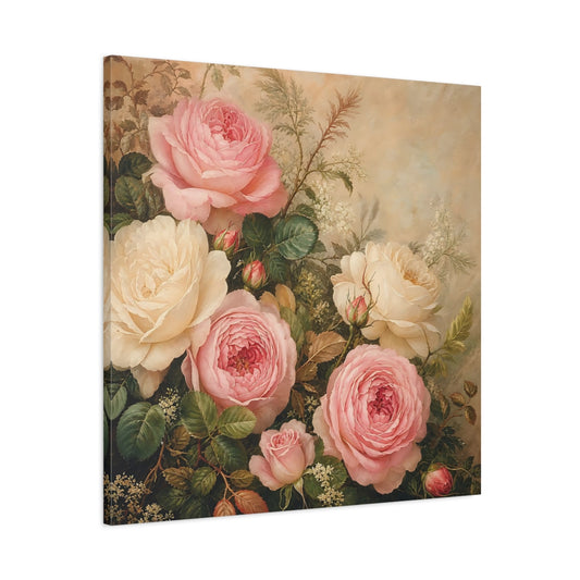 Main Mockup. Floral Roses Pink And Cream Roses shown as stretched canvas wall art
