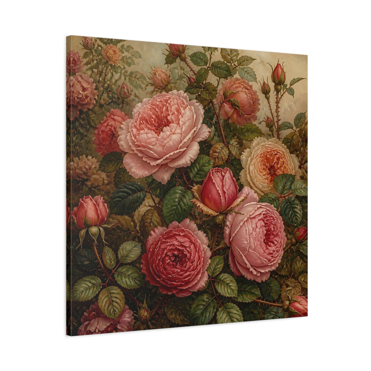 Main Mockup. Floral Roses Pink And Green shown as stretched canvas wall art