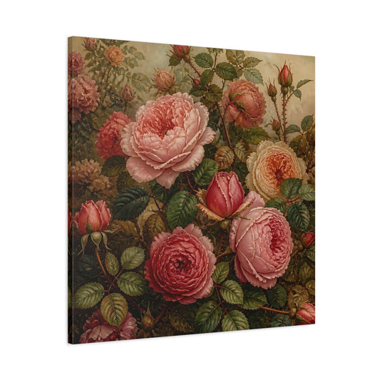 Main Mockup. Floral Roses Pink And Green shown as stretched canvas wall art