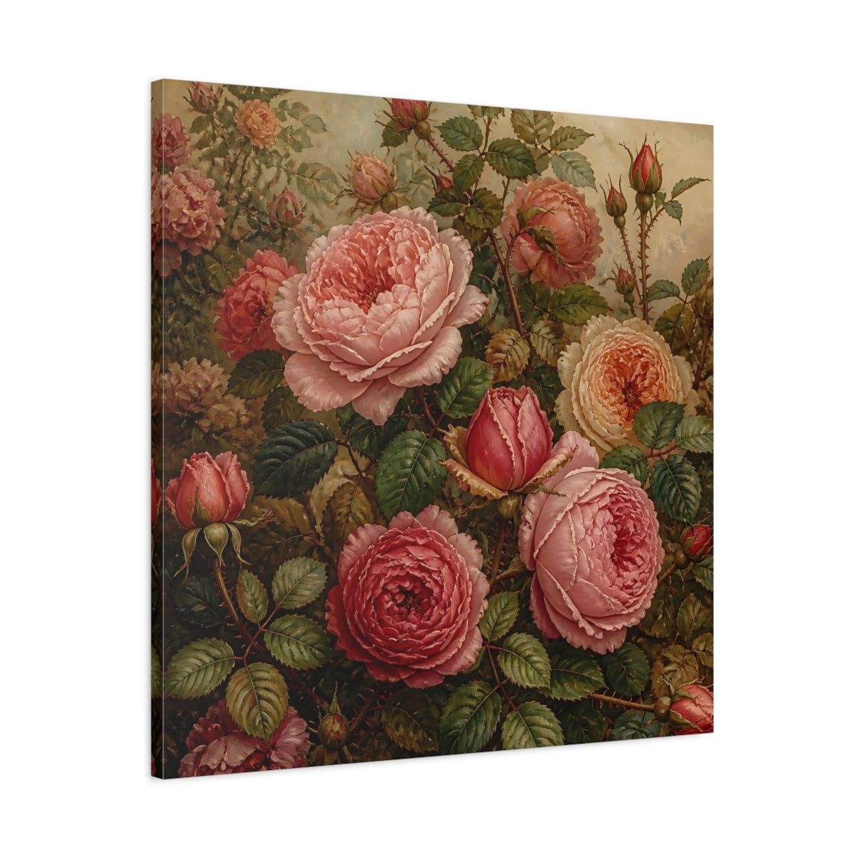 Side Mockup 3. Floral Roses Pink And Green shown as stretched canvas wall art