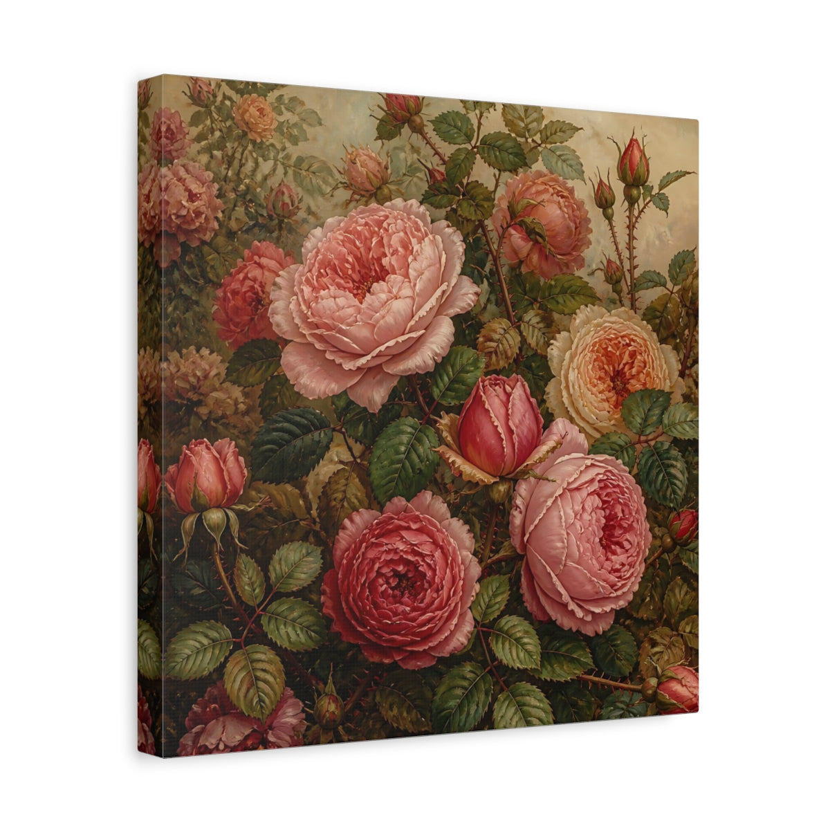 Side Mockup 7. Floral Roses Pink And Green shown as stretched canvas wall art