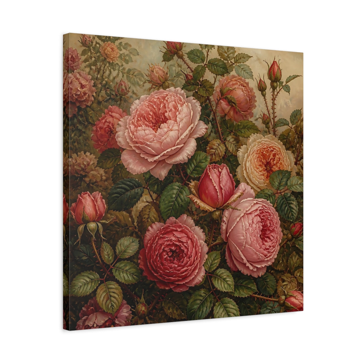 Side Mockup 4. Floral Roses Pink And Green shown as stretched canvas wall art