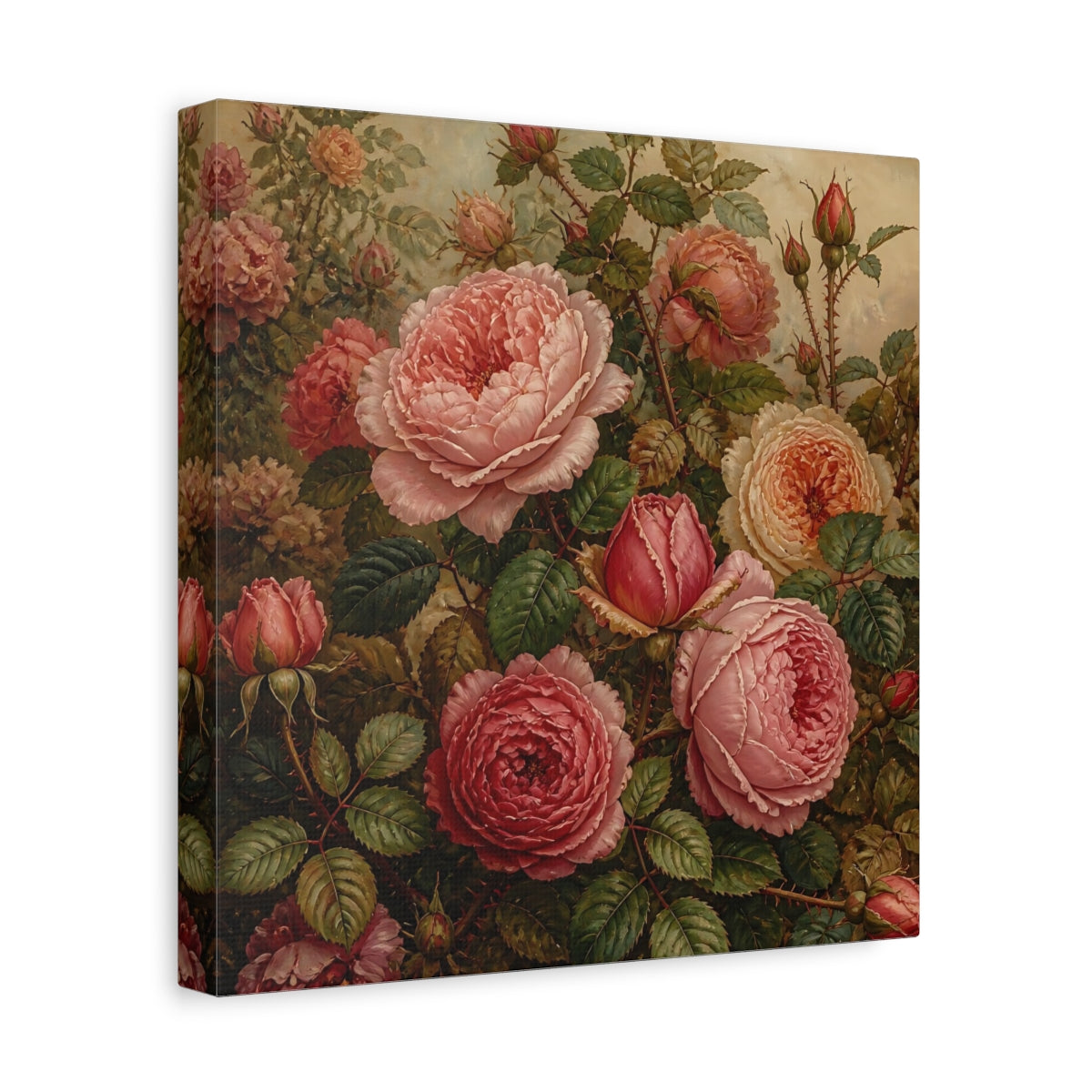 Side Mockup 8. Floral Roses Pink And Green shown as stretched canvas wall art