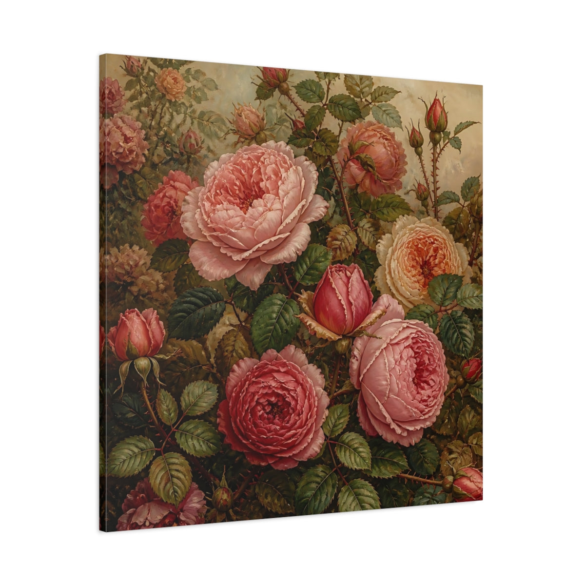 Side Mockup 1. Floral Roses Pink And Green shown as stretched canvas wall art