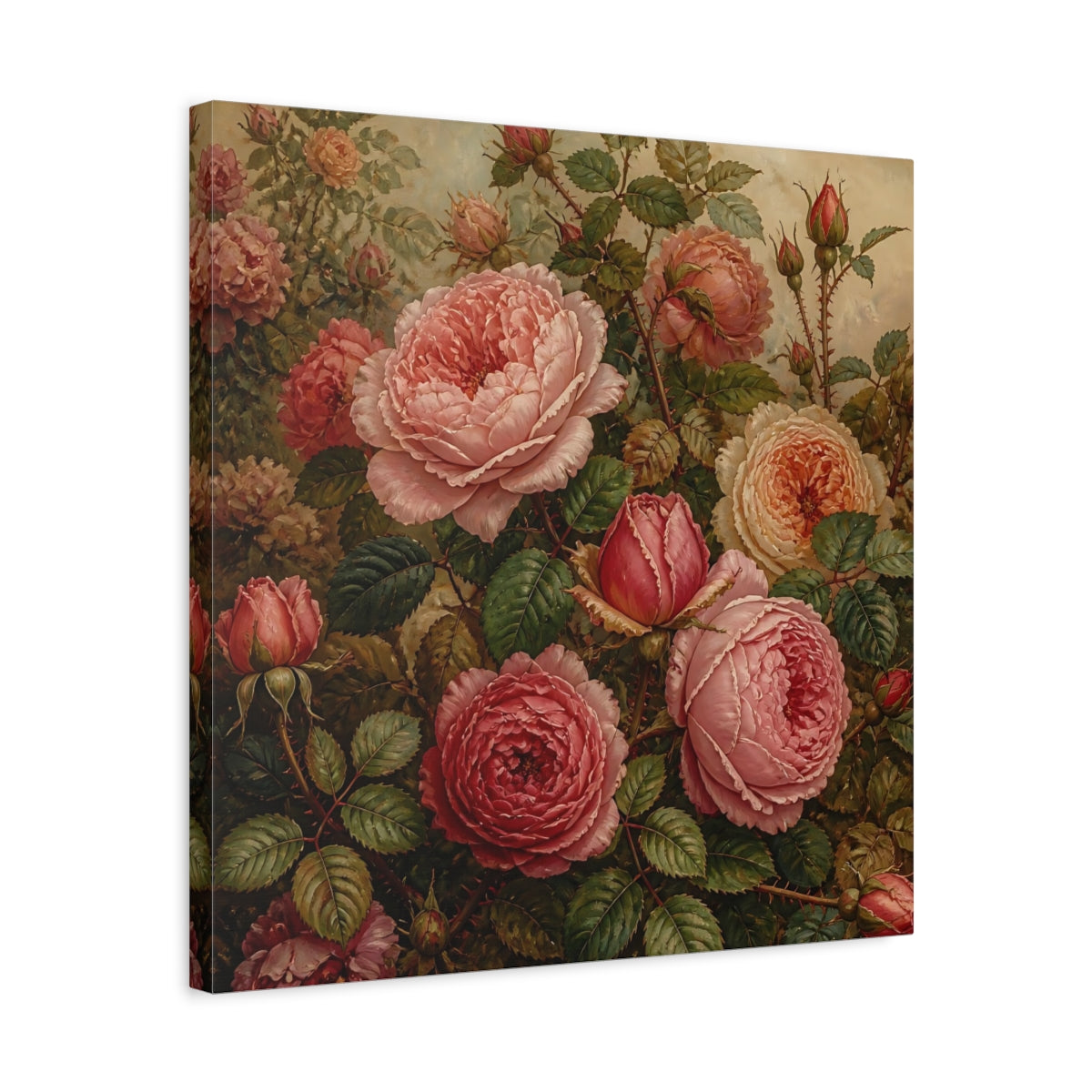 Side Mockup 5. Floral Roses Pink And Green shown as stretched canvas wall art