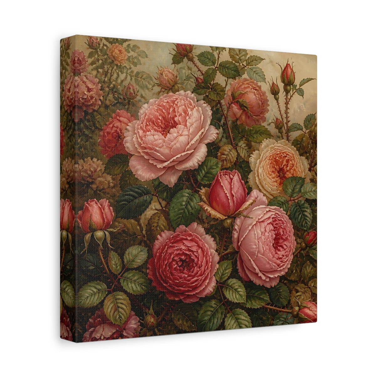 Side Mockup 9. Floral Roses Pink And Green shown as stretched canvas wall art