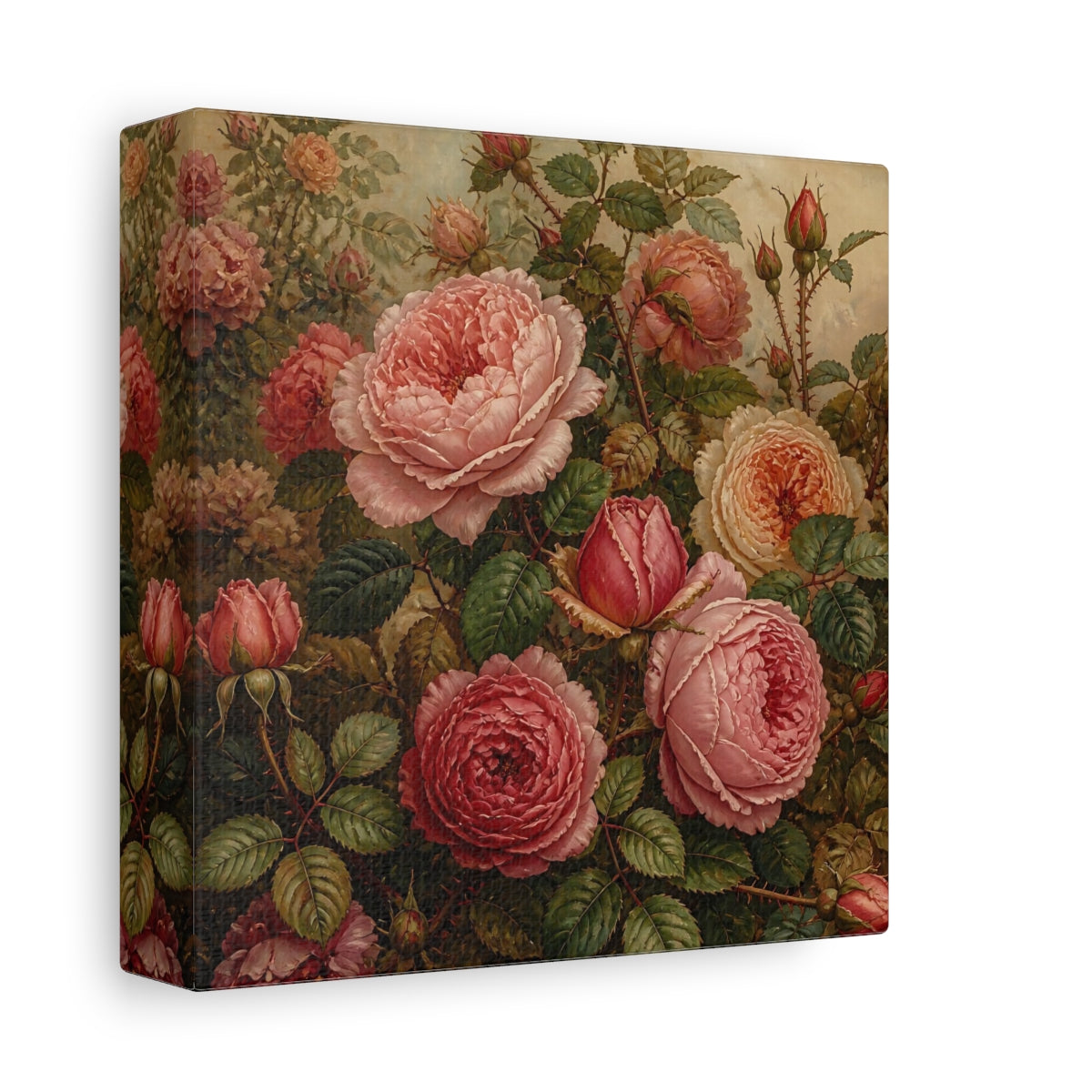 Side Mockup 2. Floral Roses Pink And Green shown as stretched canvas wall art