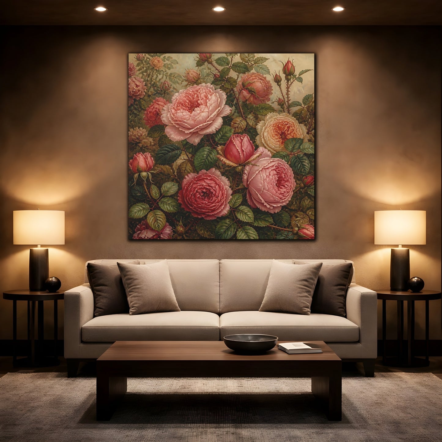 Mockup 2. Floral Roses Pink And Green shown as stretched canvas wall art